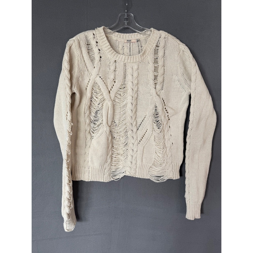 Silver Jeans Co Size M Cream Cable Knit Distressed Shredded Sweater Boho Coastal